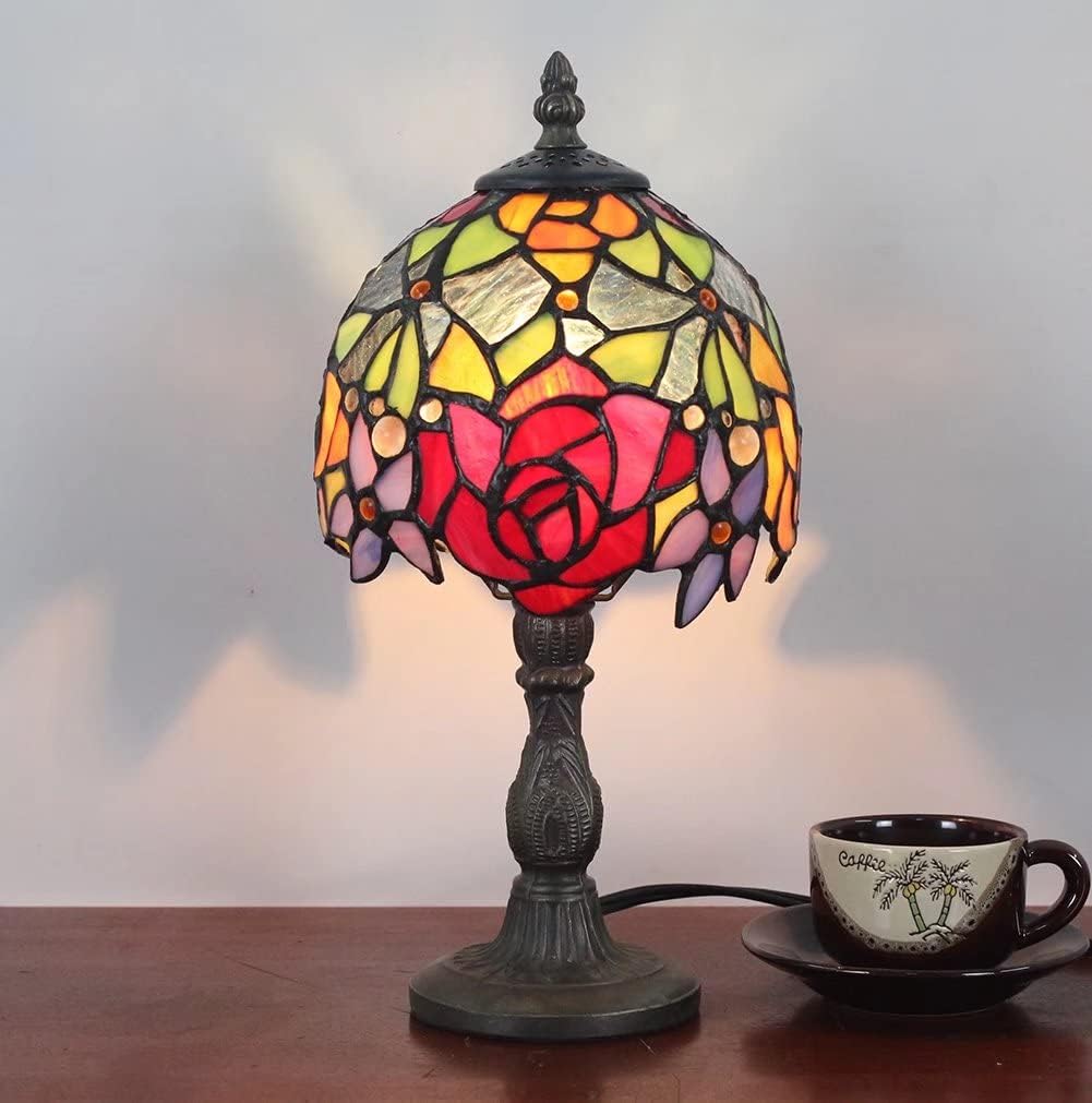 Vesbiela Stained Glass Lamp 8'', Red Flower Tiffany Table Lamp for Bedroom Study Office Home Tiffany Style Table Lamp