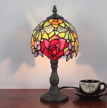Vesbiela Stained Glass Lamp 8'', Red Flower Tiffany Table Lamp for Bedroom Study Office Home Tiffany Style Table Lamp