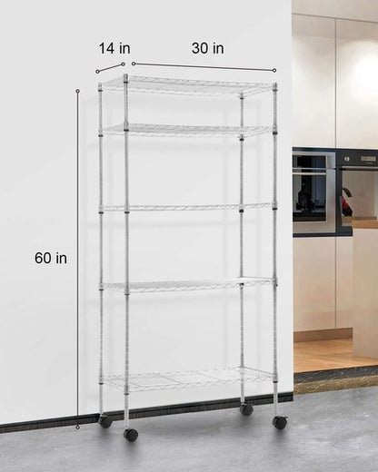 BestOffice Heavy-Duty 5-Tier Wire Shelving Unit - Adjustable Metal Storage Rack with Wheels, 14"x30"x60", Chrome