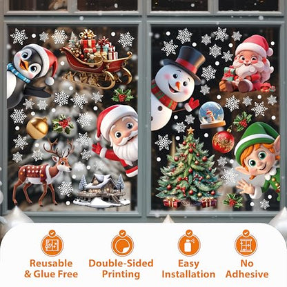 Christmas Window Clings Set - Peeking Santa & Snowflakes Reusable Peel & Stick Decorations, 149 Pcs