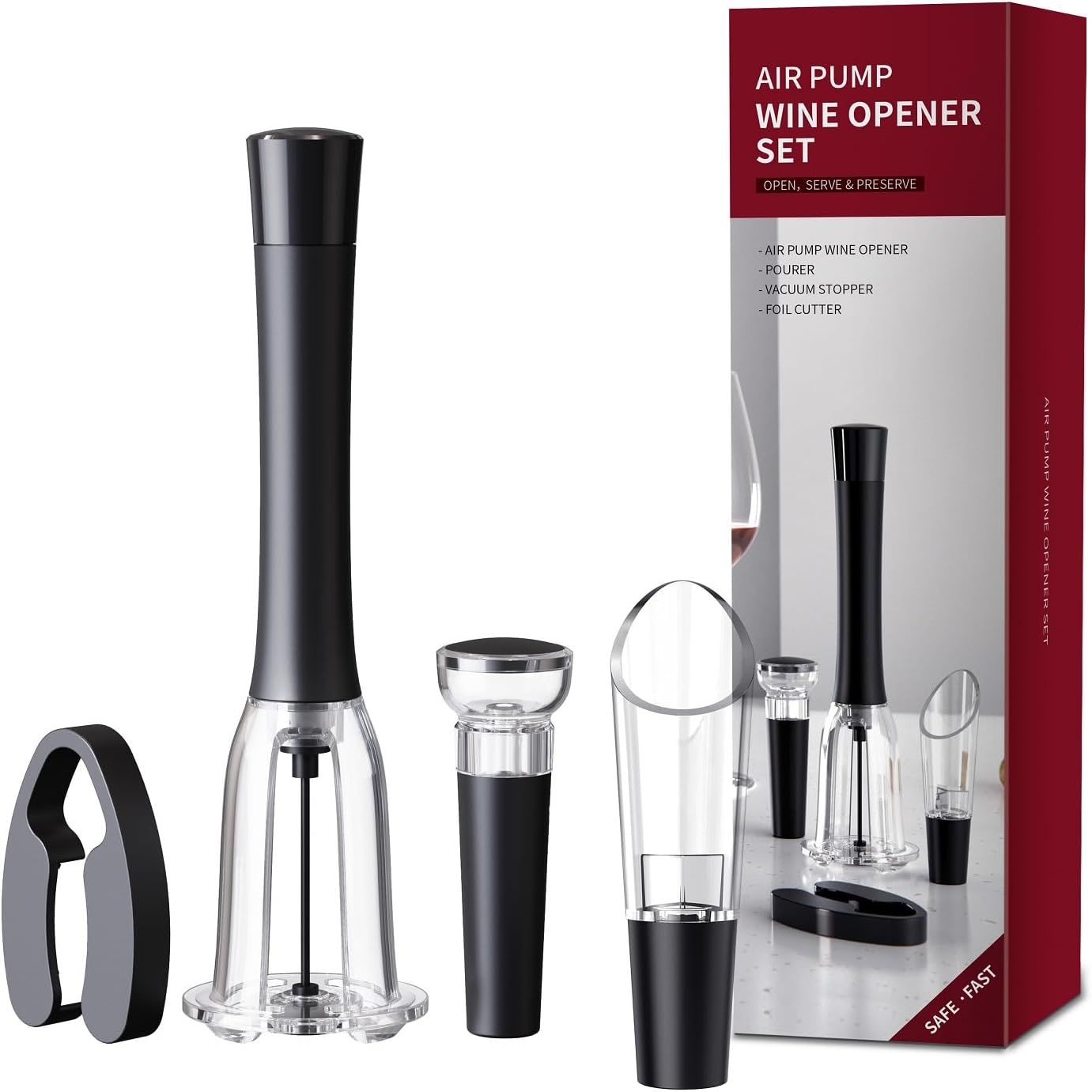 Wine Opener Set, IPEROT Air Pressure Pump Bottle Opener with Foil Cutter, Aerator Pourer, Vacuum Stopper(4PCS), Simple Cork Remover, Efficient Corkscrew Bottle Opener, Great for Wine Lovers