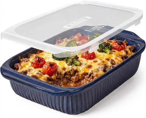 Artena Baking Dish - 5.1 Quart Casserole Dish With Handles | Deep Rectangular White Ceramic Bakeware, Blue