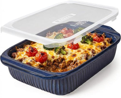 Artena Baking Dish - 5.1 Quart Casserole Dish With Handles | Deep Rectangular White Ceramic Bakeware, Blue