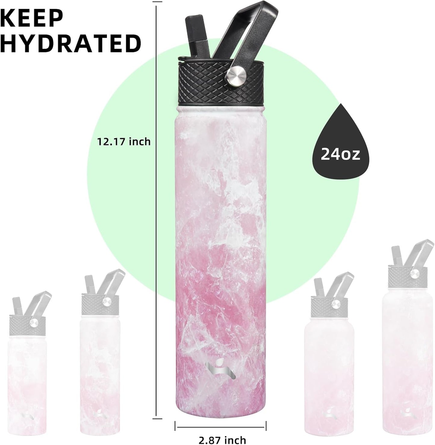 Skiennix Insulated Water Bottle - 24oz Stainless Steel Sport Bottle with 3 Lids | Marble Blossom