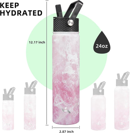 Skiennix Insulated Water Bottle - 24oz Stainless Steel Sport Bottle with 3 Lids | Marble Blossom