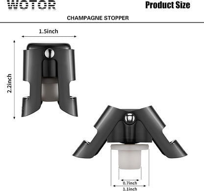 WOTOR Champagne Stoppers with Stainless Steel Champagne Bottle Stopper with Food Grade Silicone Reusable Champagne Cork, Saver Suitable for Champagne, Cava, Prosecco, Sparkling Wine (Black, 2pack)