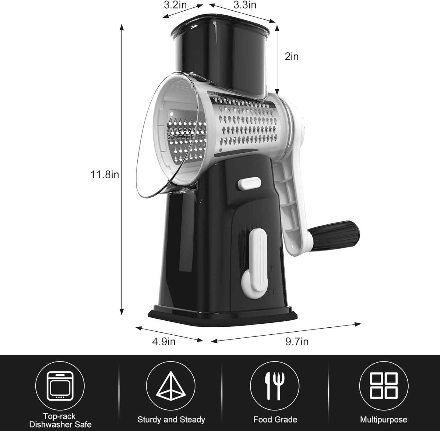 Ourokhome Cheese Grater - Crank Cheese Shredder & Mandoline Slicer with 5 Blades | Strong Suction Base, Black