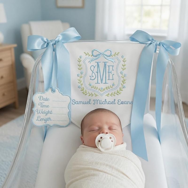 Personalized Baby Banner with Name - Embroidery on Cotton Canvas, 12x11 in AM-AOFB-06