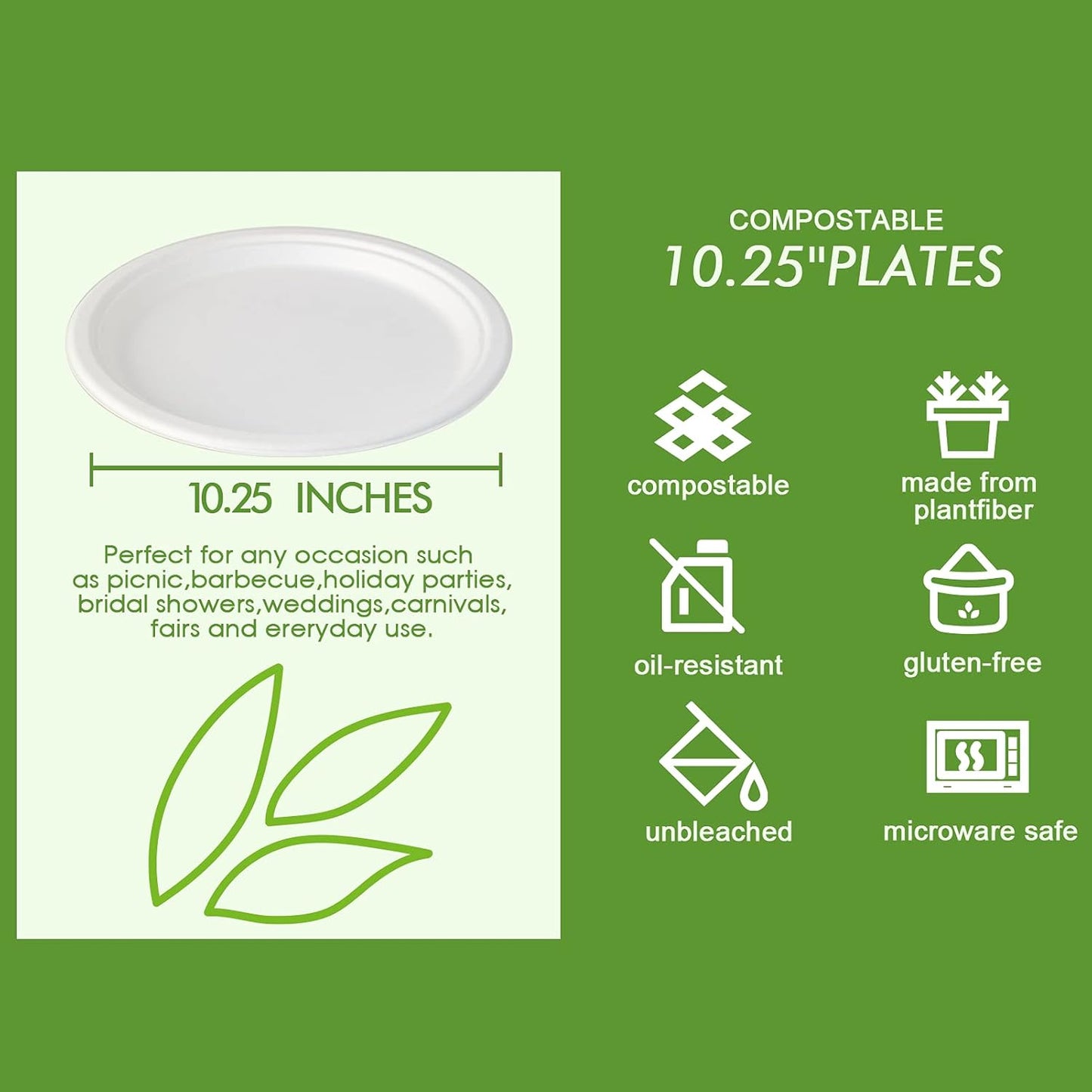 Vplus Compostable Disposable Paper Plates - Super Strong 10.25 Inch, 100% Biodegradable Sugarcane (White)