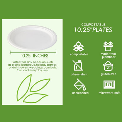 Vplus Compostable Disposable Paper Plates - Super Strong 10.25 Inch, 100% Biodegradable Sugarcane (White)