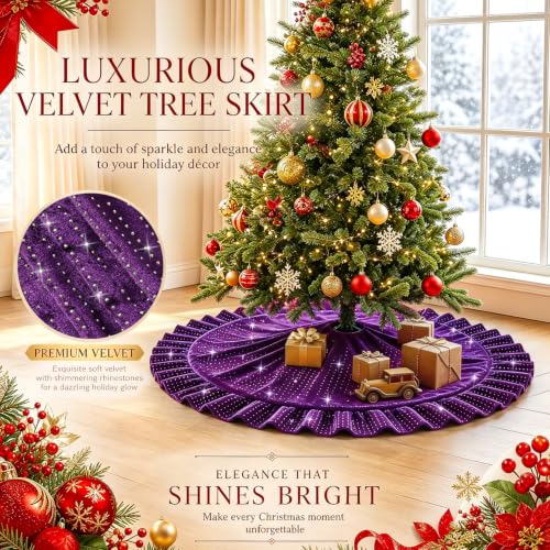 Purple Ruffled Velvet Christmas Tree Skirt - 36 Inch Diameter