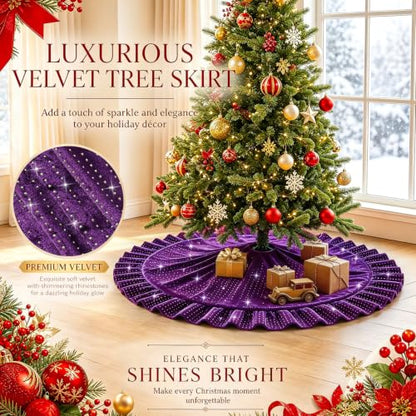 Purple Ruffled Velvet Christmas Tree Skirt - 36 Inch Diameter