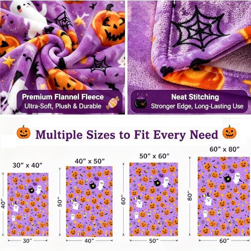 Halloween Throw Blanket Soft Flannel Ghost Pumpkin Decor for Couch Bed - Purple Pumpkin & Ghosts 40x50