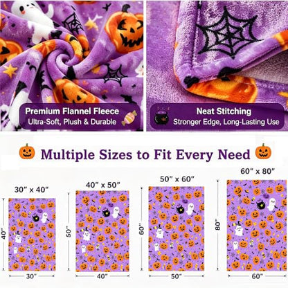 Halloween Throw Blanket Soft Flannel Ghost Pumpkin Decor for Couch Bed - Purple Pumpkin & Ghosts 40x50