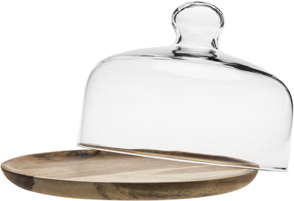 MyGift Cloche Dome Glass Dessert Serving Tray - 7.5 Inch Cake Stand with Acacia Wood Base for Parties