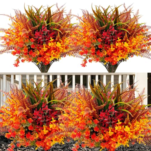 Artificial Fall Plants Flowers Set - 6 Mix Styles, UV Resistant Outdoor Faux Flowers for Porch & Garden