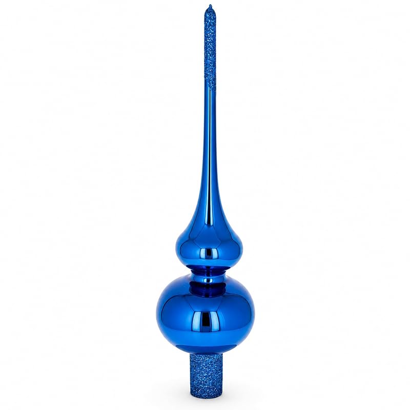 Glossy Blue Glass Christmas Tree Topper 11 Inches with Sparkling Finish