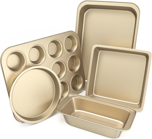 CasaCulina Nonstick Baking Pans Set - 5-Piece Bakeware with Round/Square Cake Pan & Muffin Tray | Gold