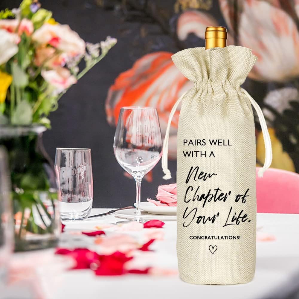 Socive New Job Gifts Wine Bag, Pairs Well With a New Chapter of Your Life, Job Gifr for Colleague, Coworker, Boss, Friends - Burlap Drawstring Wine Bag
