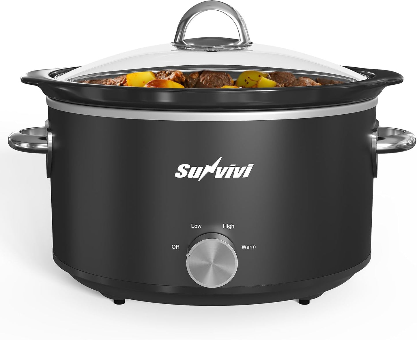 Sunvivi 4QT Small Slow Cooker - Mini Food Warmer with 3 Heating Settings & Removable Ceramic Pot | Black