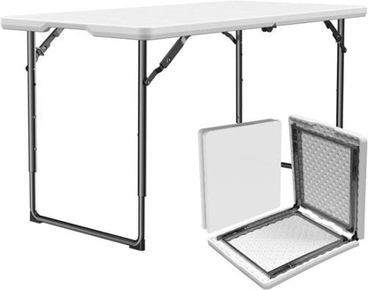 Folding Table - Heavy Duty 4ft Fold-in-Half Plastic Table with Adjustable Height | Portable for Indoor & Outdoor Use (White)