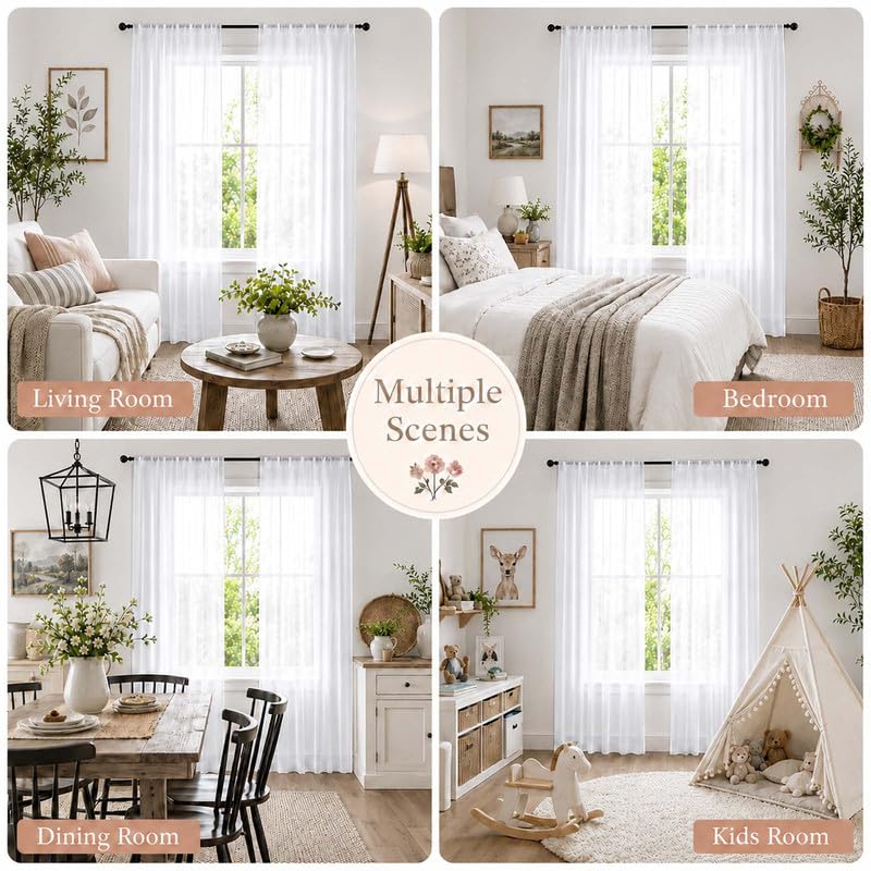White Sheer Curtains 84 Inch Long for Living Room, 2 Panels - Pack of 2