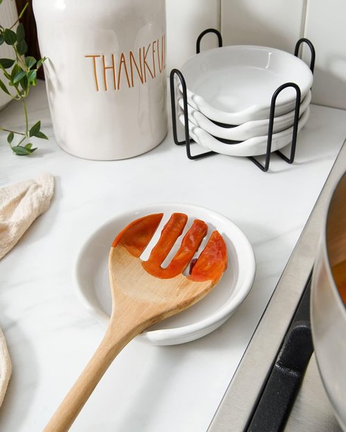 LE TAUCI Ceramic Spoon Rest - 4.8 Inches Utensil Holder for Kitchen Counter | Set of 4, White