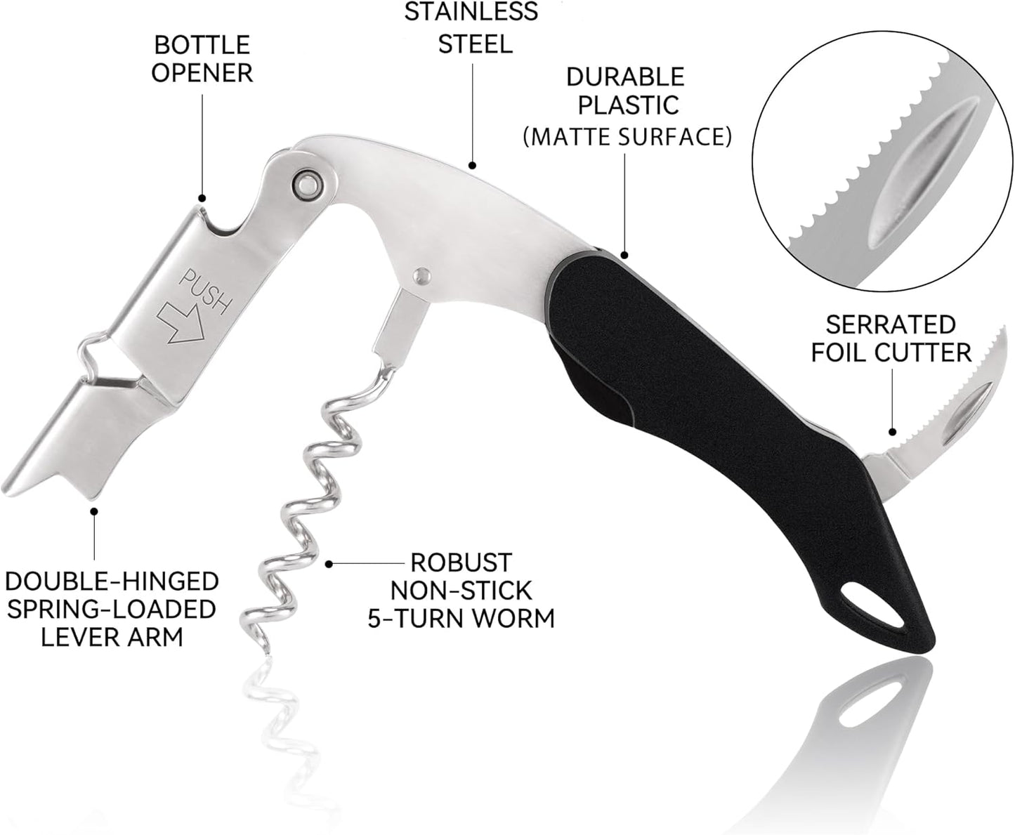 Wine Key - Heavy Duty Waiter Corkscrew, Premium 420 Stainless Steel Compact Wine Opener with Double Hinged, Foil Cutter and Bottle Opener, Gifts for Servers, Sommelier, Bartenders - Black