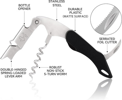 Wine Key - Heavy Duty Waiter Corkscrew, Premium 420 Stainless Steel Compact Wine Opener with Double Hinged, Foil Cutter and Bottle Opener, Gifts for Servers, Sommelier, Bartenders - Black