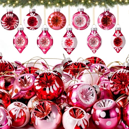 Vintage Christmas Glass Ornaments Set - Retro Pink & White Reflector Balls, 40 Pcs