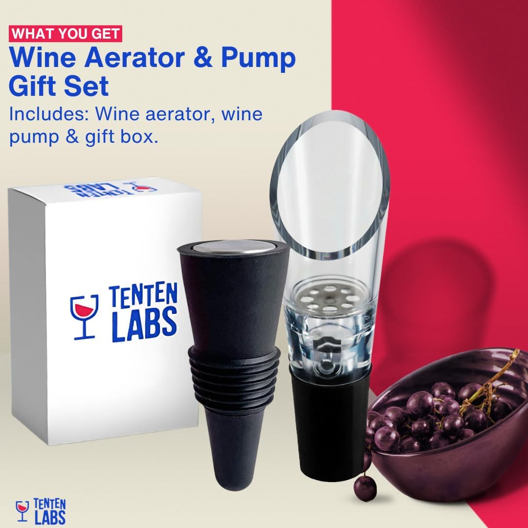 Red Wine Aerator Pourer and Wine Stopper (2-pack) by TenTen Labs - Premium Wine Decanter Set with Bottle Stopper and Re-corker - Gift Box Included (Black)
