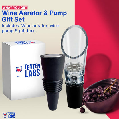 Red Wine Aerator Pourer and Wine Stopper (2-pack) by TenTen Labs - Premium Wine Decanter Set with Bottle Stopper and Re-corker - Gift Box Included (Black)