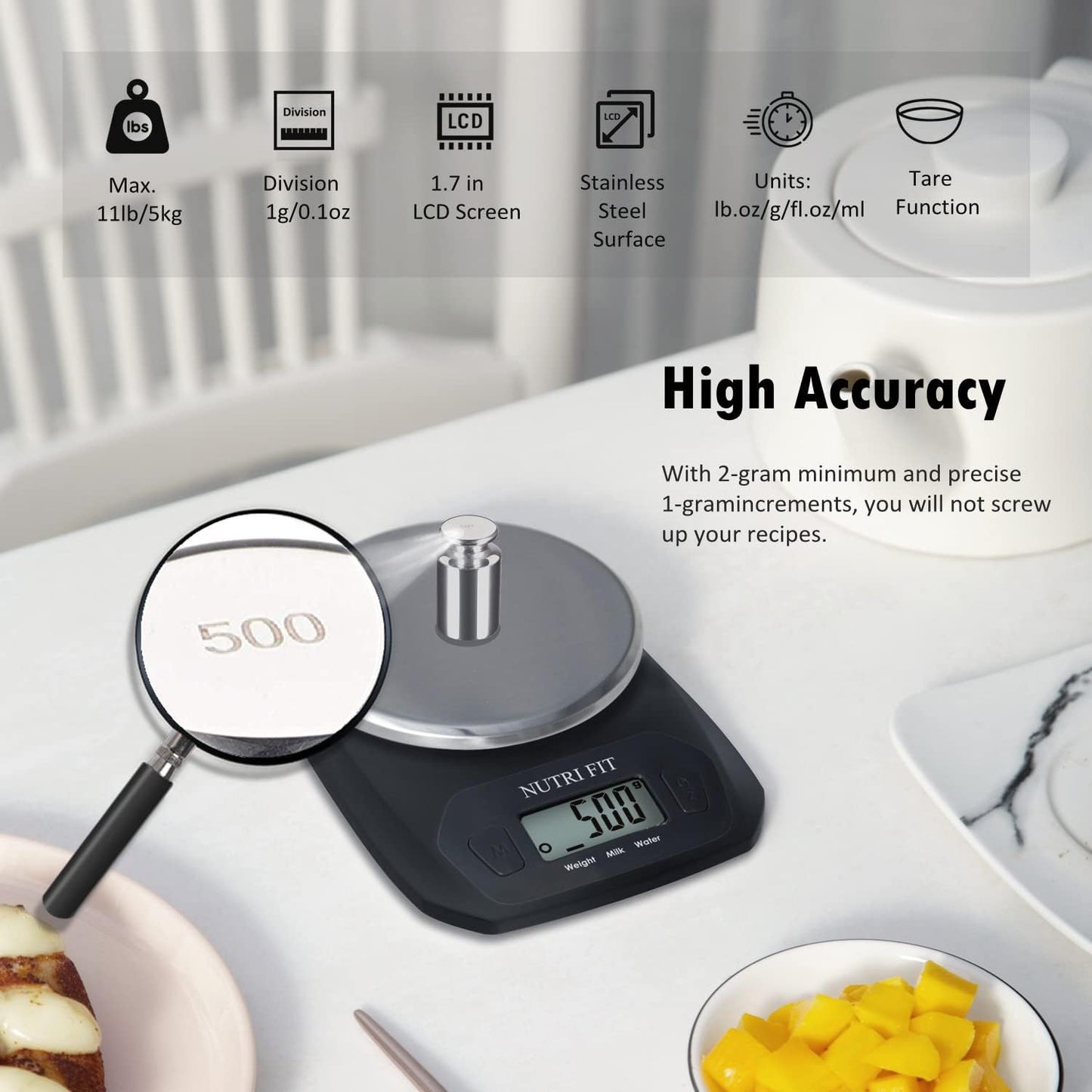 NUTRI FIT Digital Food Scale - Accurate Weight Measurement in Grams & OZ | Stainless Steel, Black Finish