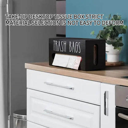 Wooden Trash Bag Dispenser, Trash Bag Holder Wall Mount, Garbage Bag Holder for Cabinet, Farmhouse Plastic Bag Holder for Kitchen Countertop, Under Sink Laundry Room Storage (Black)