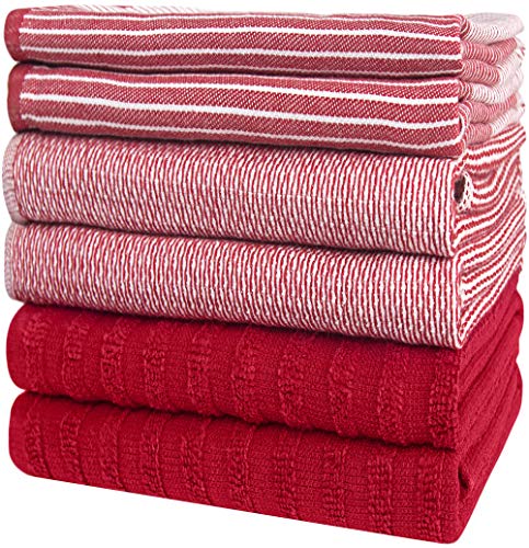 Premium Kitchen Towels (20”x 28”, 6 Pack) | Large Cotton Kitchen Hand Towels | Dish Towels | Flat & Terry Towel | Kitchen Towels | Highly Absorbent Tea Towels Set with Hanging Loop | Red