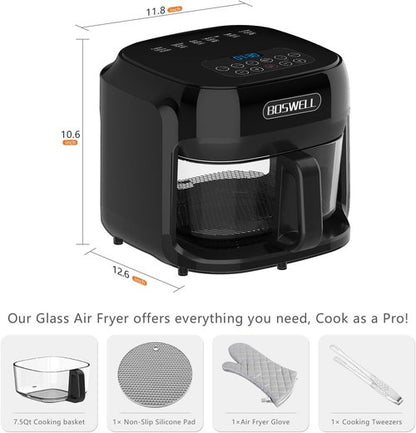 BOSWELL 7.5QT Glass Air Fryer - Transparent Fry Bowl, Circulating Heating & Temperature Control