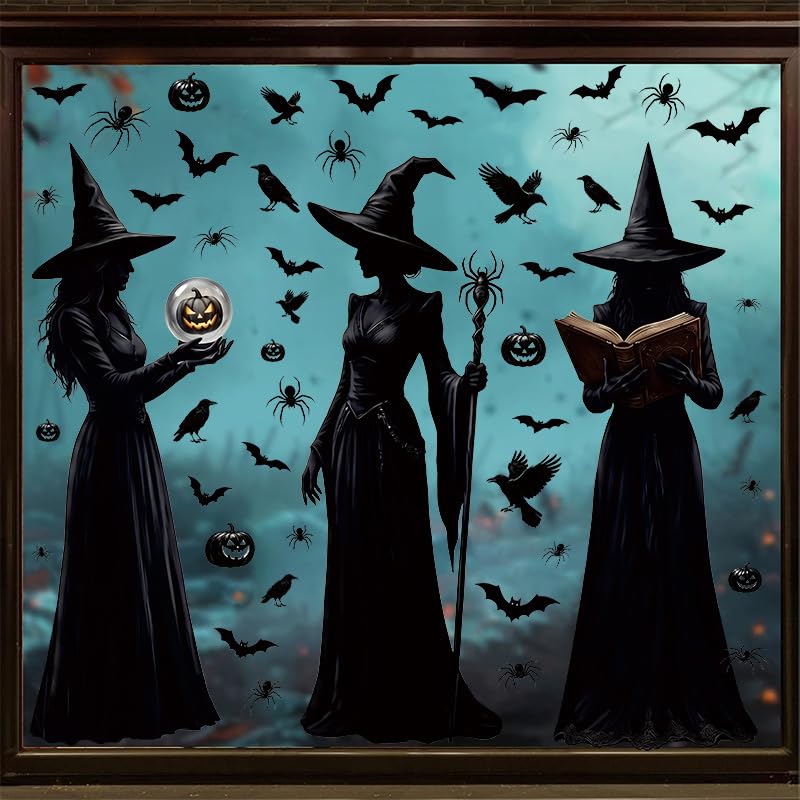 Halloween Witch Window Clings Set - Large 3 Sheets 49 Pieces, Reusable Decals
