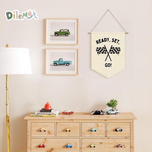 Dilemat Race Car Room Decor for Boys Linen Pennant Banner - Ready Set Go Racing Pennant Flag Banner Wall Hanging Decor for Car Room Decor for Boys Playroom Nursery