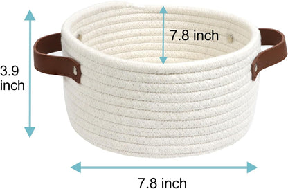 Skiennix Small Woven Basket - Cute Mini Cotton Rope Storage Bin with Leather Handle | Boho Nursery Organizer