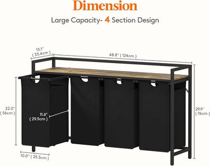 Lifewit Laundry Hamper - 4-Section Organizer with Large Top Shelf & 4 Removable Bags | Black