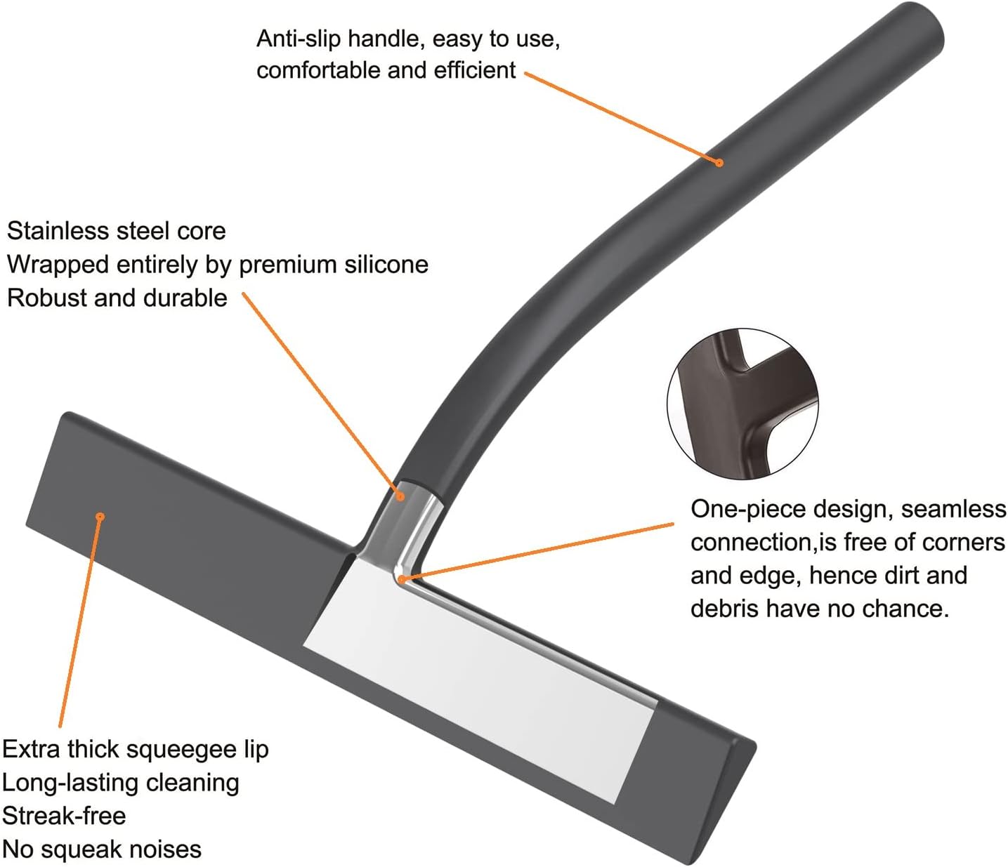 Skiennix All-Purpose Silicone Shower Squeegee - 9 Inch Black Tool with Hooks for Glass Doors & Mirrors