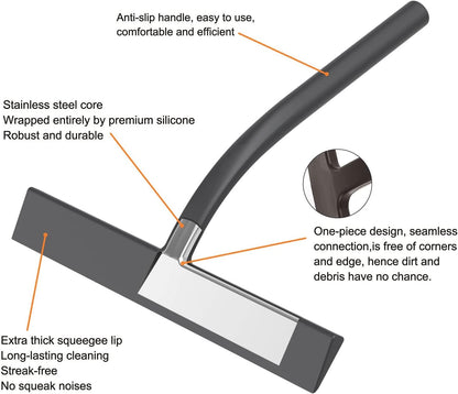 Skiennix All-Purpose Silicone Shower Squeegee - 9 Inch Black Tool with Hooks for Glass Doors & Mirrors