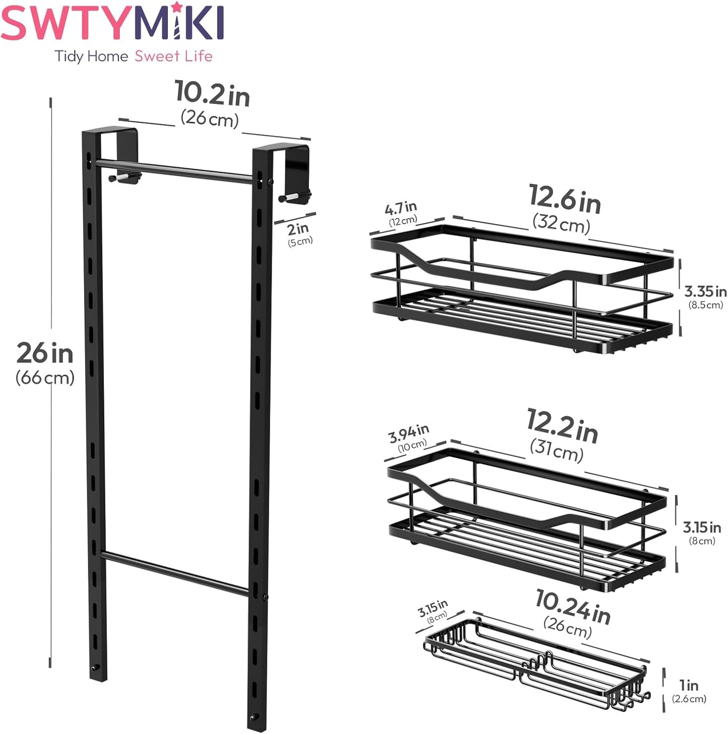 SWTYMIKI Over The Door Shower Caddy - 3 Tier Adjustable Organizer | No Drill Stainless Steel Rack in Black