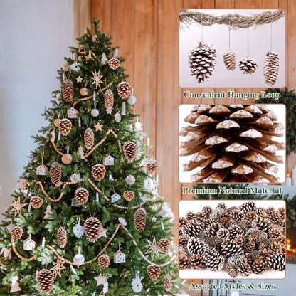 Christmas Snow White Pine Cone Ornaments Set - 84 Pieces, Assorted Sizes & Styles - White Variation