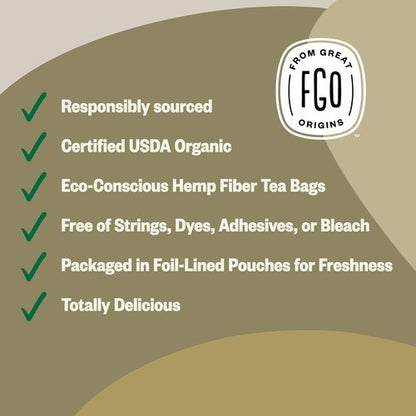 FGO Organic Honey Ginseng Green Tea, 20 Count, Eco-Conscious Tea Bags, Resealable Bag, Packaging May Vary (Pack of 1)