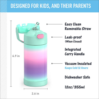 THERMOS FUNTAINER Water Bottle - 12 Ounce Kids Stainless Steel Insulated Bottle with Straw | Mint Ombre