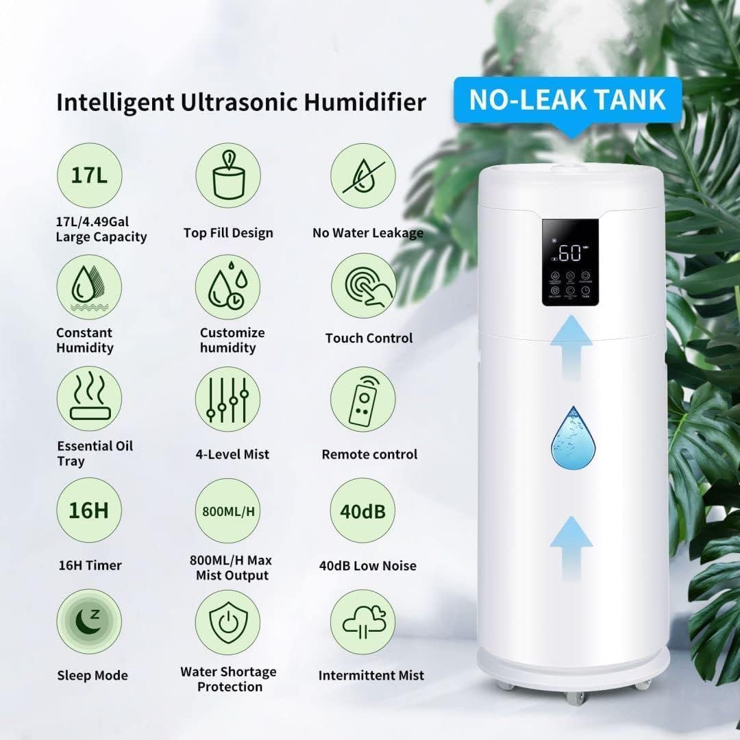 Skiennix Large Humidifier - 17L/4.5Gal Top Fill Design with 360° Nozzle for Homes & Offices
