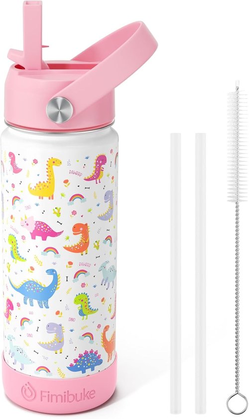 Fimibuke Kids Insulated Water Bottle - 18oz BPA-Free Stainless Steel Tumbler | Leak-Proof White Dinosaur Design