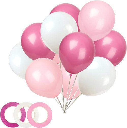 KADBANER 12-Inch Latex Balloons - 100 Pack in White, Pink & Light Rose Red for Weddings, Birthdays & Baby Showers