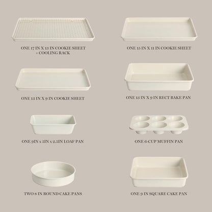 Martha Stewart Gallen 10-Piece Non-Toxic Ceramic Baking Pans Set | PFA-Free Non-Stick Bakeware - Linen White